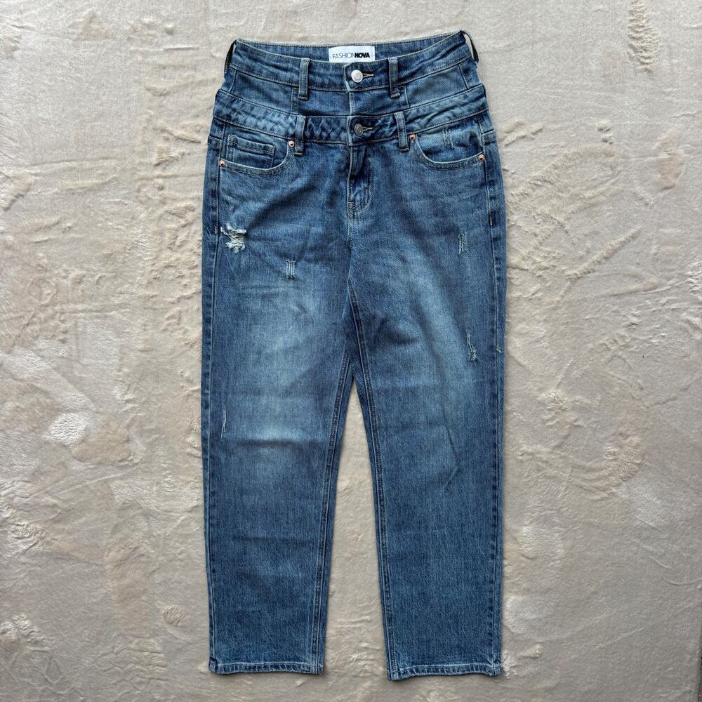 Fashion Nova Double Waisted Jeans Women's Size 1 Blue Distressed Denim Pants